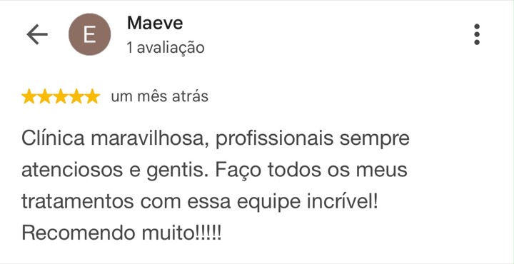 Avaliação 5 estrelas de Maeve no Google sobre a CLINIK