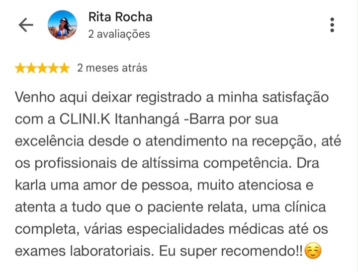 Avaliação 5 estrelas de Rita Rocha no Google sobre a CLINIK