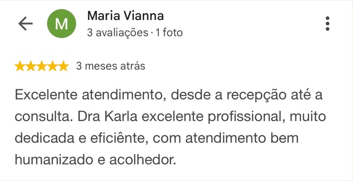 Avaliação 5 estrelas de Maria Vianna no Google sobre a CLINIK