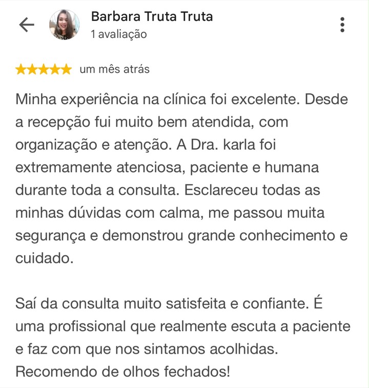Avaliação 5 estrelas de Barbara Truta no Google sobre a CLINIK