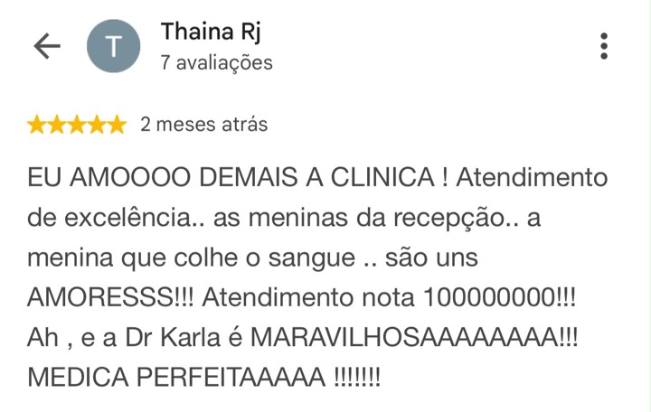 Avaliação 5 estrelas de Thaina Rj no Google sobre a CLINIK