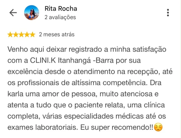Avaliação 5 estrelas de Rita Rocha no Google sobre a CLINIK